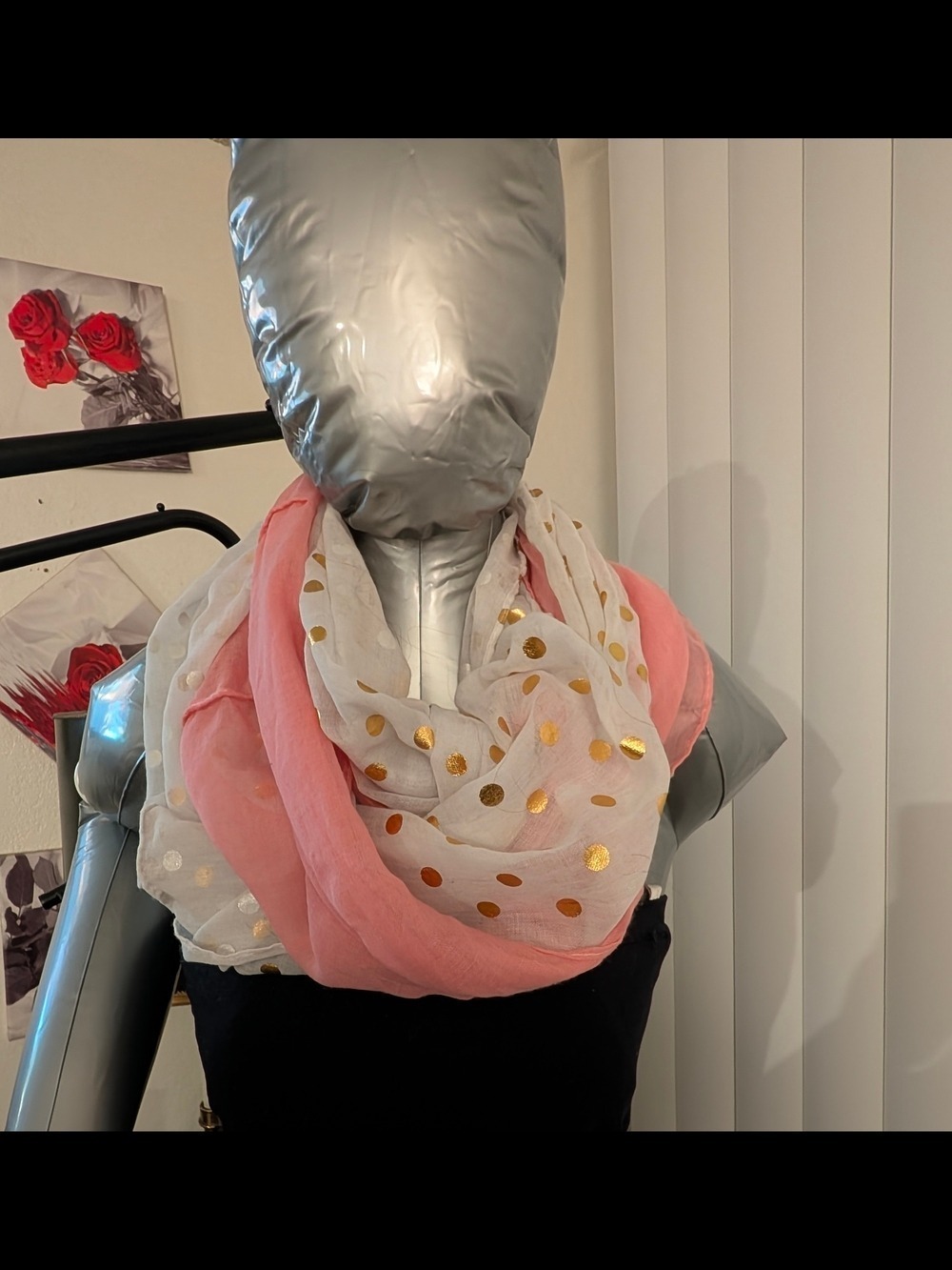 Scarf Sale ❤️7 For$35: Pink/ White Lightweight Infinity Scarf w/ Gold Polka Dots - Picture 6 of 8